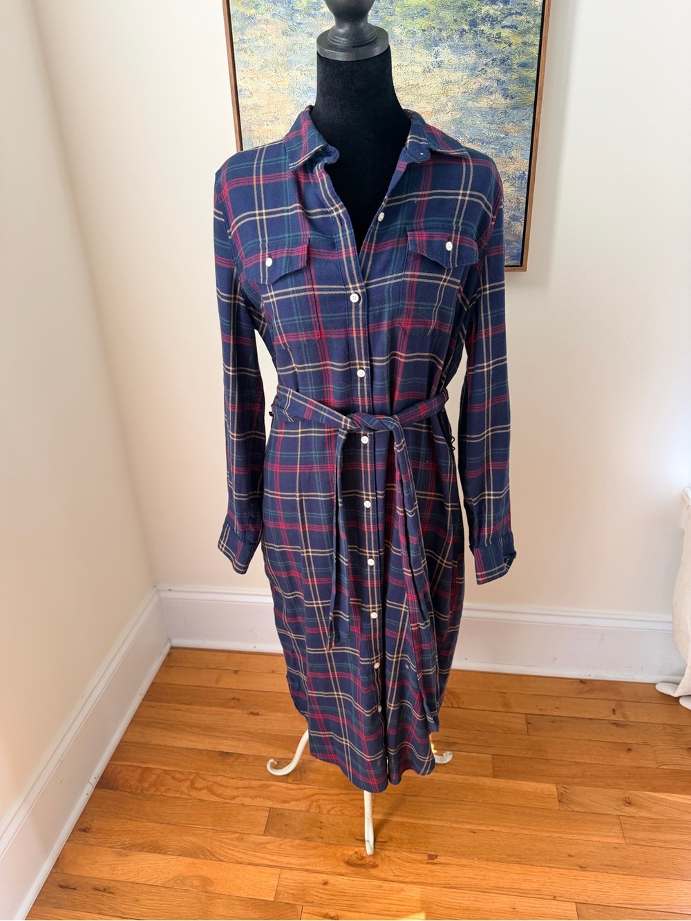 Untuckit Womas blue Plaid Shirt Midi Dress  roll tab sleeve SZ 8 preppy academia